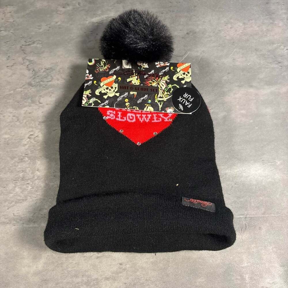 Ed Hardy Beanie Hat with Red Dripping Logo and Heart Graphic